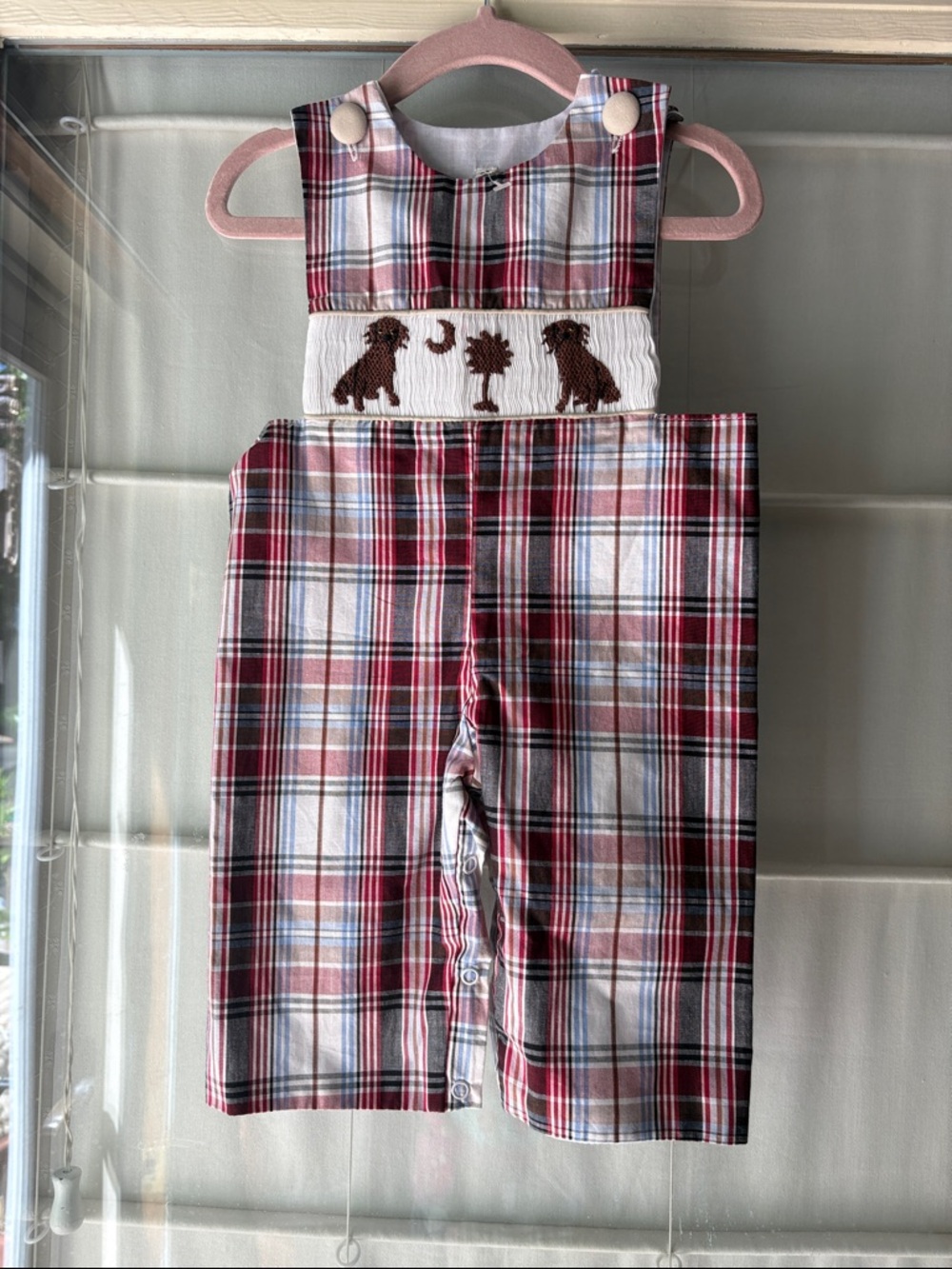 Classic Plaid Puppy Smocked Kids Jon  Jon Romper - Red Plaid